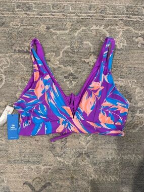 Cupshe Purple Tropical Print Bikini Top with Blue and Coral Accents